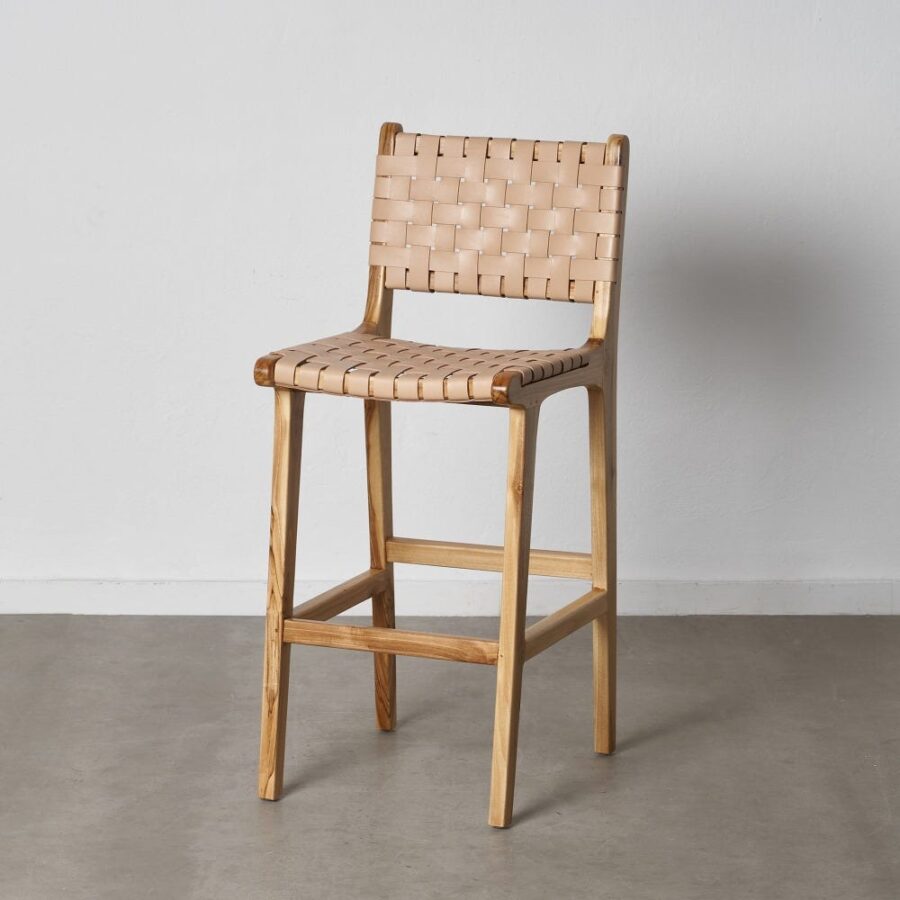 Tabouret De Bar Beige Cuir Et Teck Massif Ixia 95cm