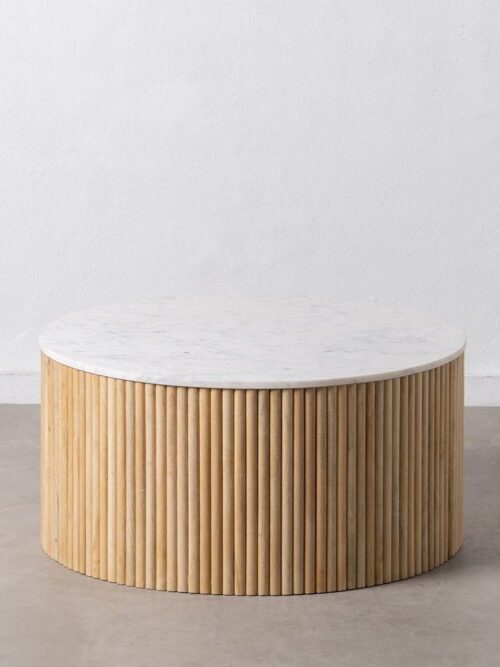 Table Basse Ronde Blanc Marbre Bois Ixia 80cm
