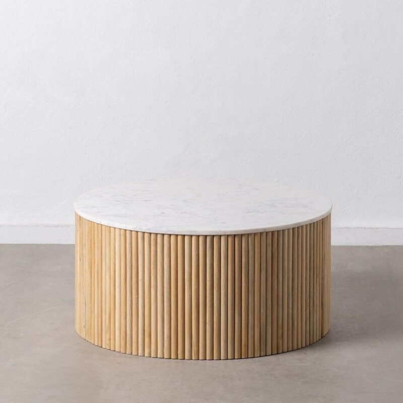 Table Basse Ronde Blanc Marbre Bois Ixia 80cm