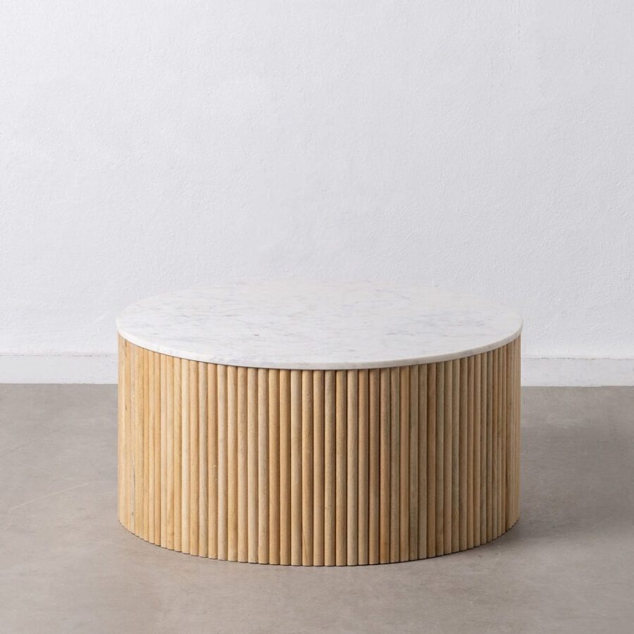 Table Basse Ronde Blanc Marbre Bois Ixia 80cm