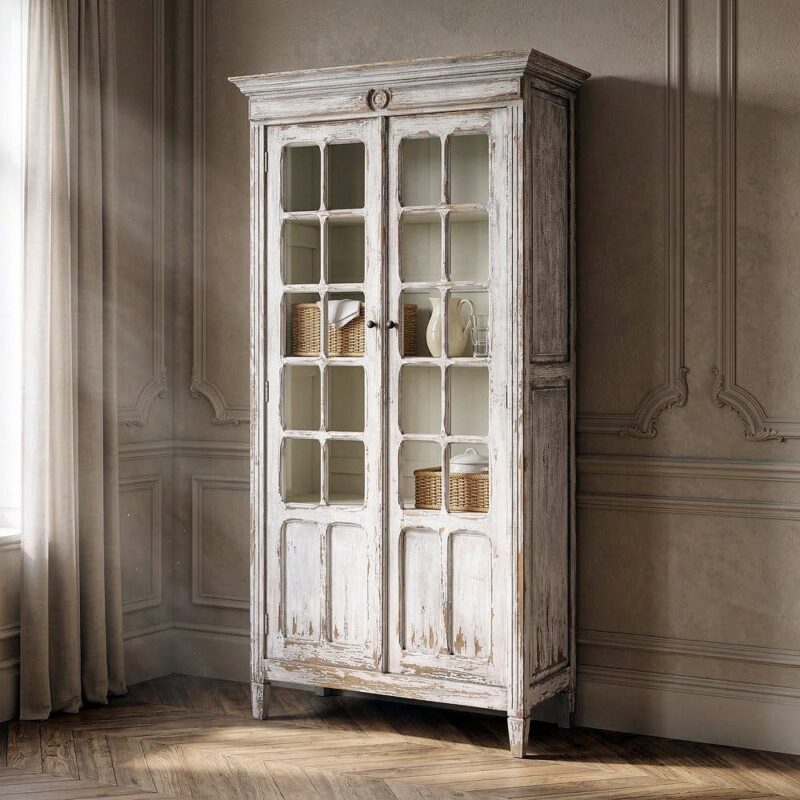 Vitrine Blanche Bois De Pin Recyclé Ixia 201,5cm