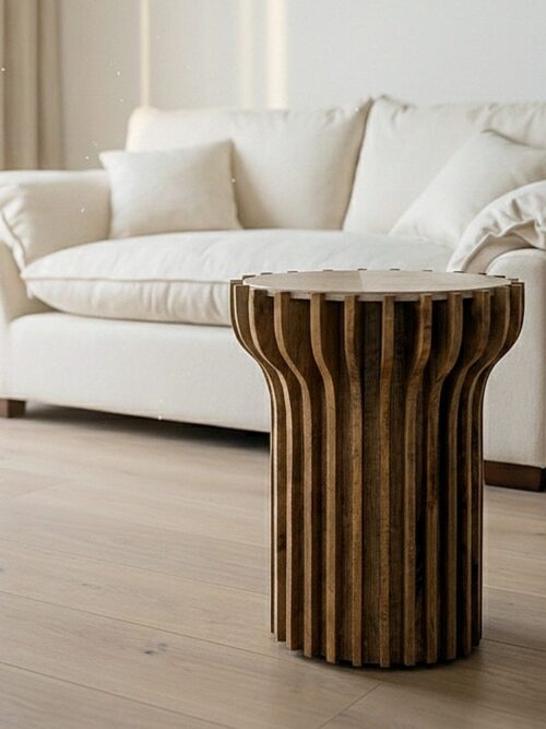 Table D'Appoint Ronde Marron Bois Marbre Ixia 53cm