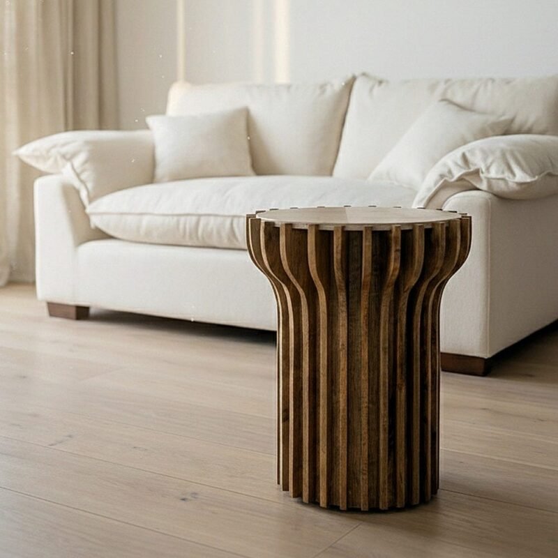 Table D'Appoint Ronde Marron Bois Marbre Ixia 53cm