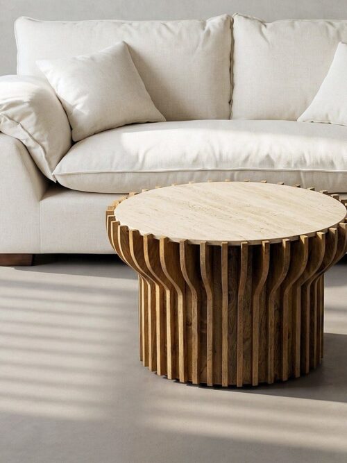 Table Basse Ronde Bois Et Marbre Ixia 78.5cm