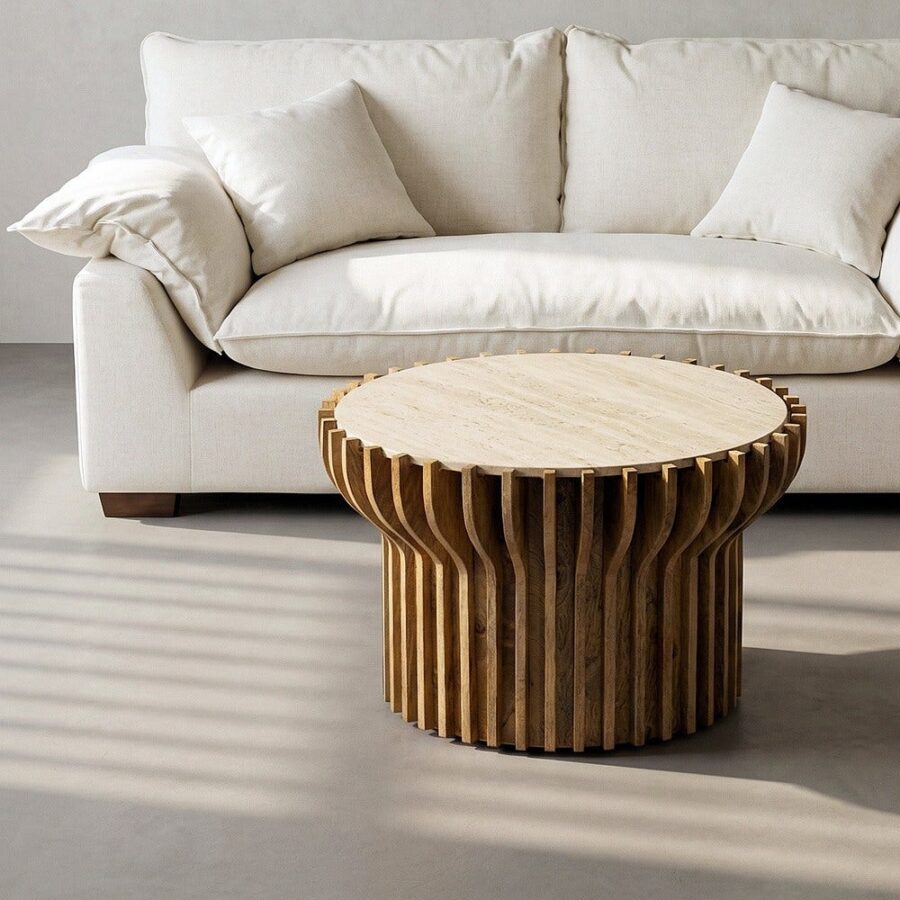 Table Basse Ronde Bois Et Marbre Ixia 78.5cm