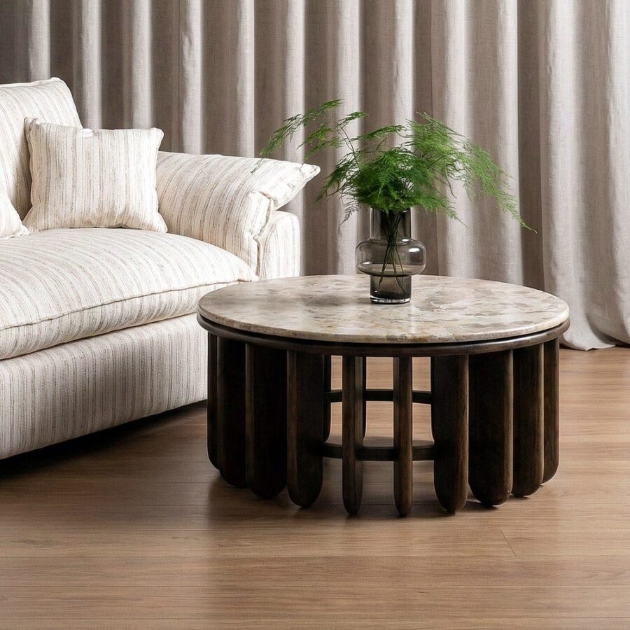 Table Basse Ronde Bois Marbre Ixia 90cm