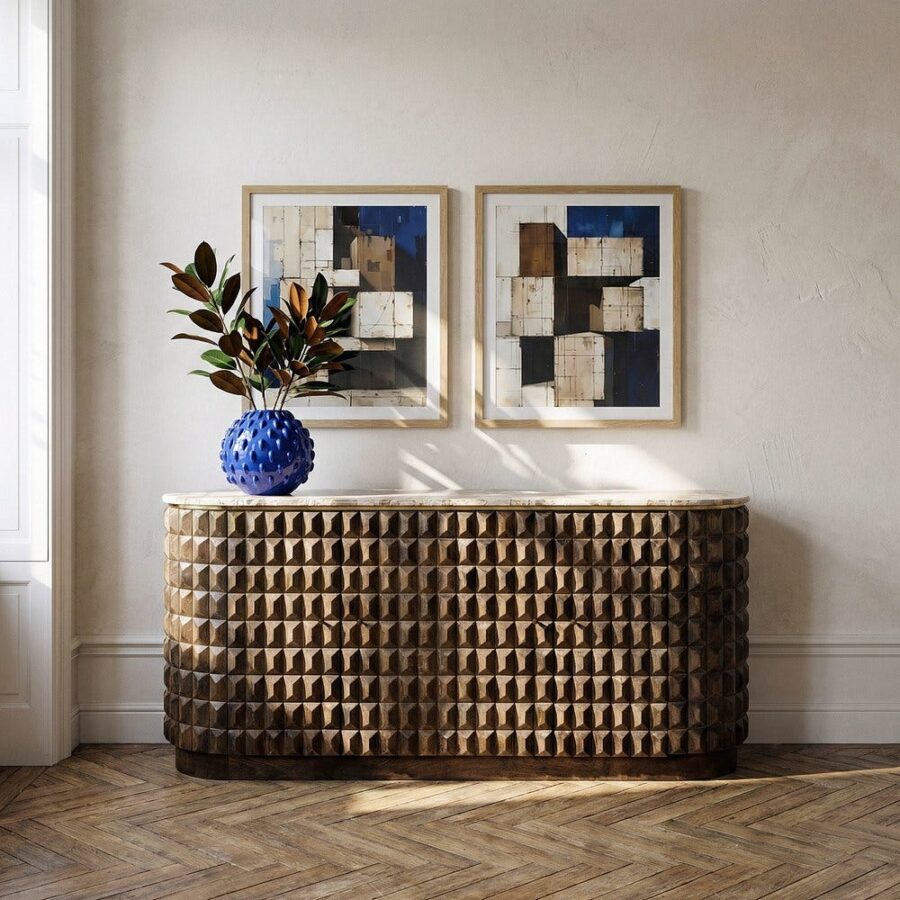 Buffet Teinte Bois Naturel Bois De Manguier Marbre Ixia 154cm