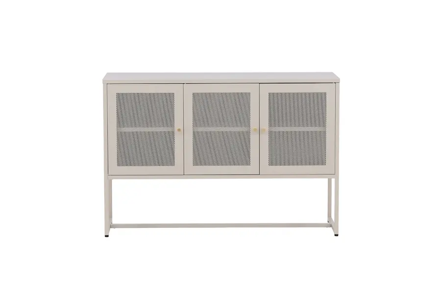 Buffet en métal beige à trois portes grillagées, vue de face