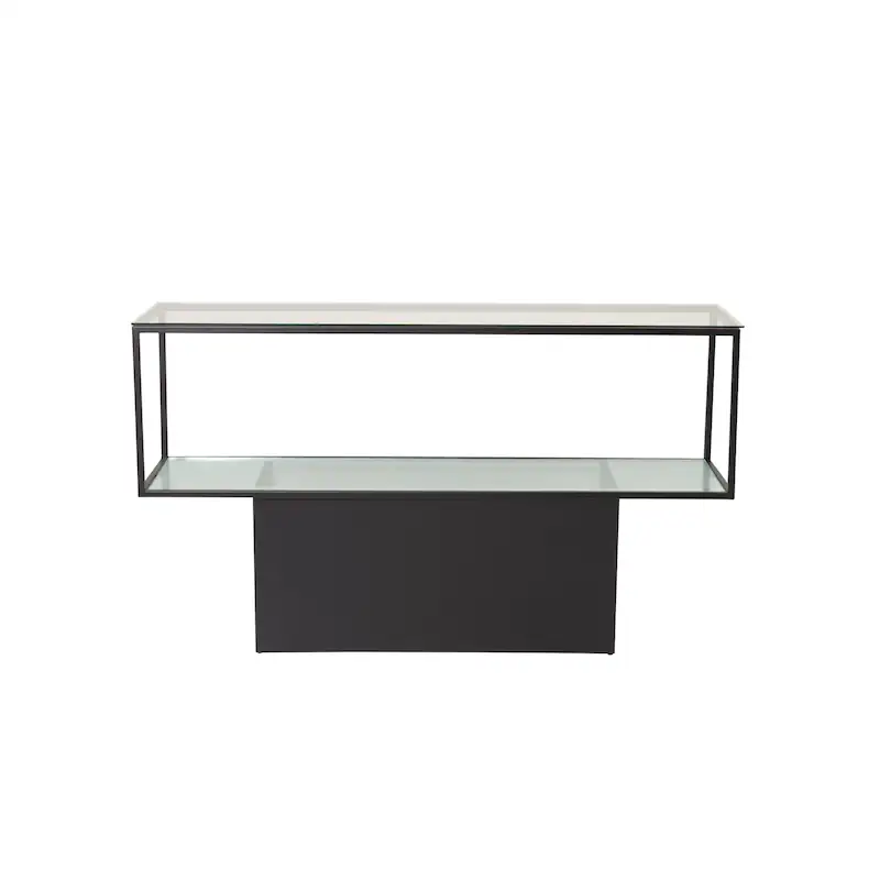 Console verre et acier noir sur fond blanc, vue de face