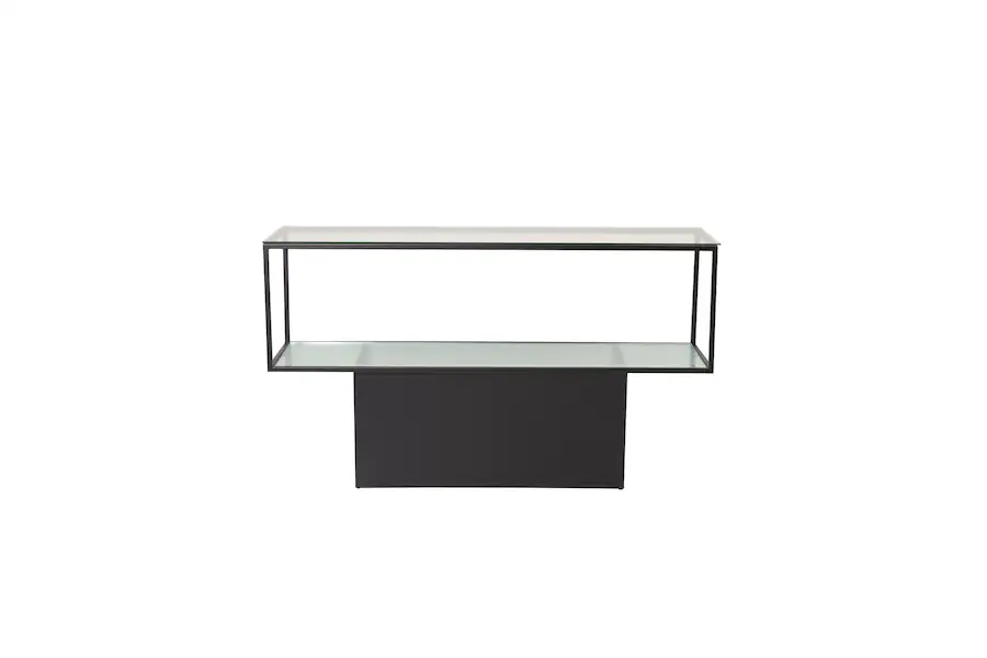 Console verre et acier noir sur fond blanc, vue de face