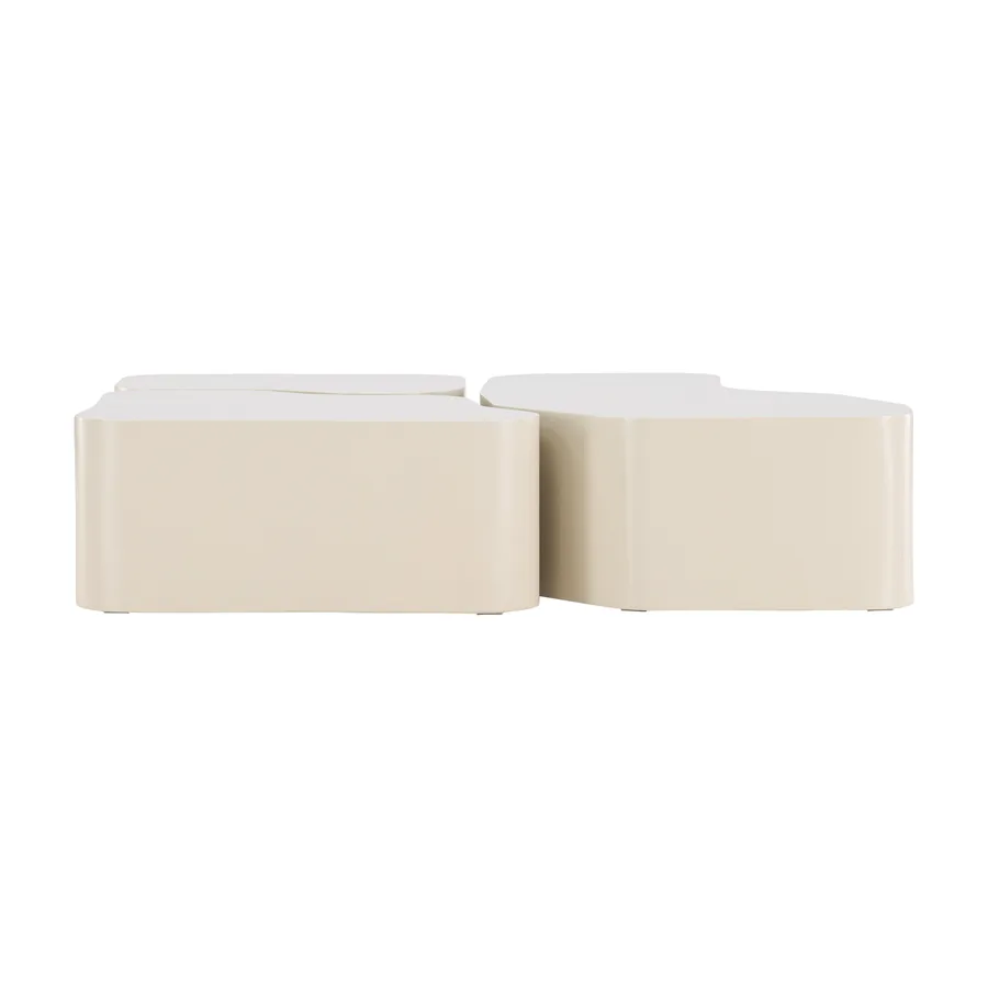 Lot de 3 tables basses Nordland beiges assemblées, vue de face sur fond blanc
