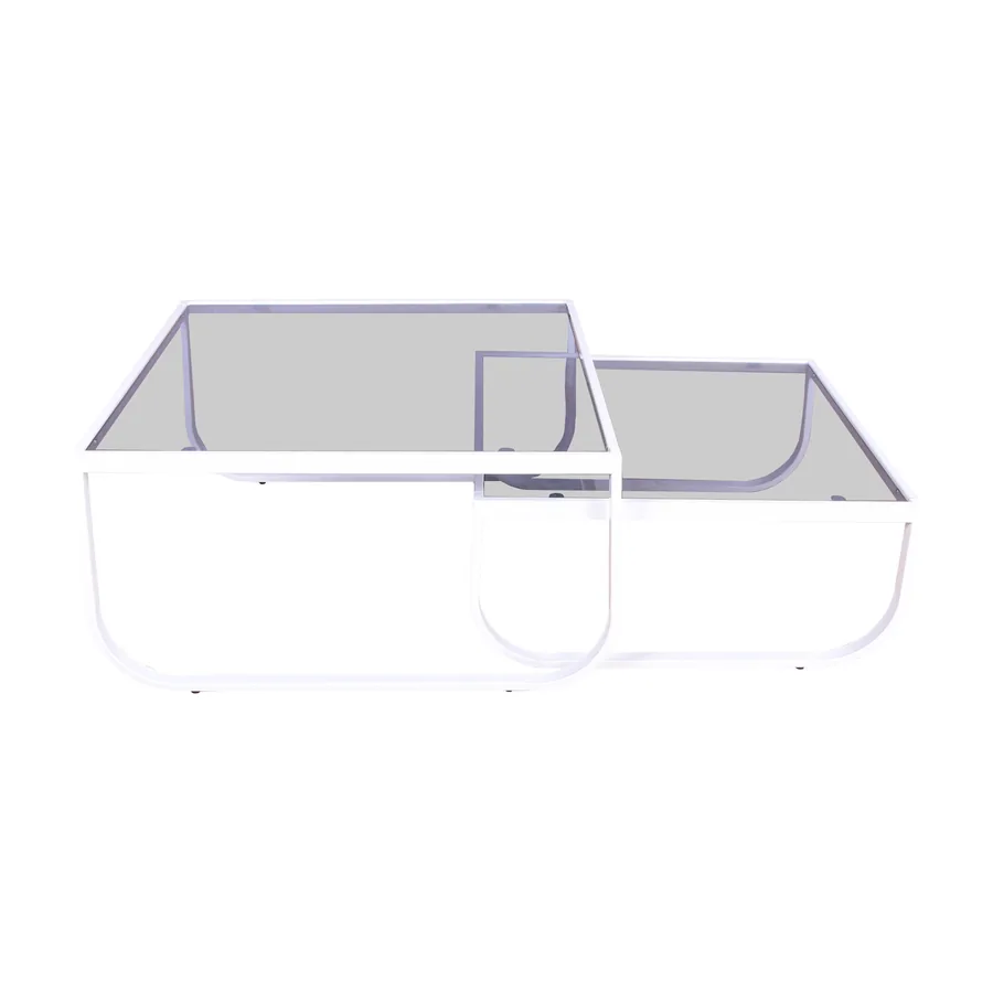 Lot de 2 tables basses gigognes Rocker, plateaux en verre fumé gris sur cadres blancs, vue de face