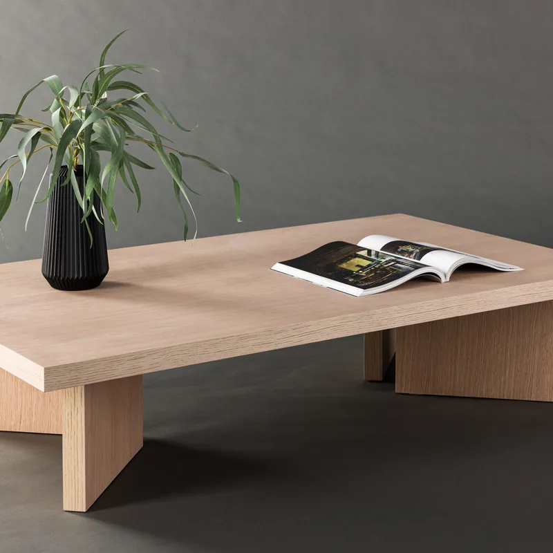 Table basse rectangulaire Bassholmen en bois blanchi, vue de face sur fond blanc