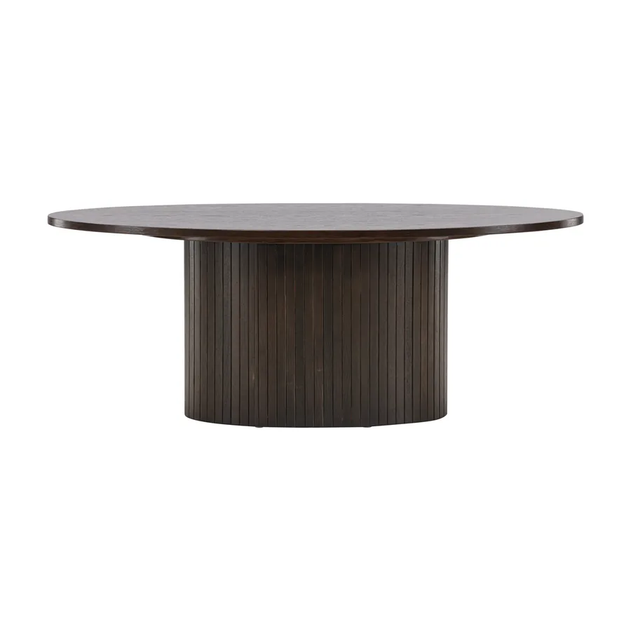 Table basse ovale Bianca couleur moka sur pied colonne cannelé, vue de face sur fond blanc