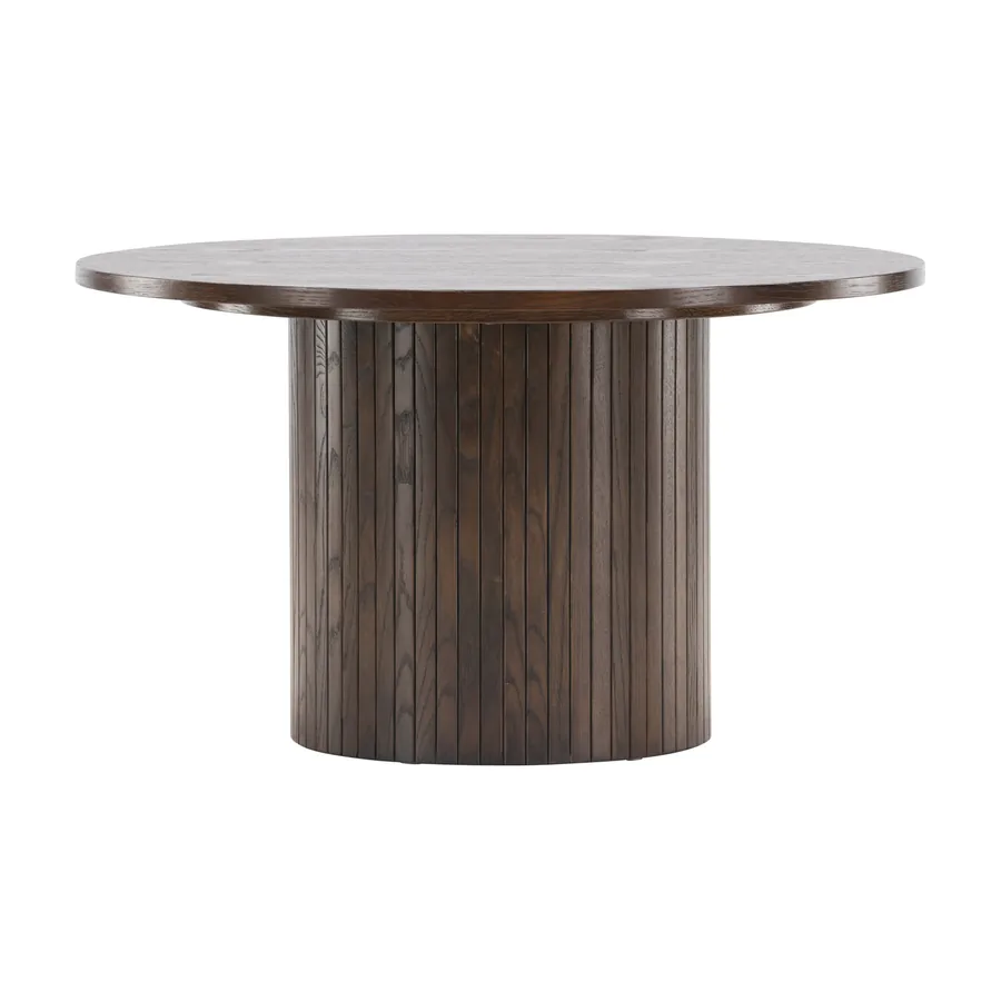 Table basse ronde Bianca couleur moka sur pied colonne cannelé, vue de face sur fond blanc