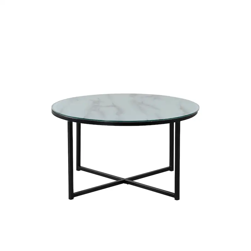Table basse ronde à plateau en verre aspect marbre, vue d'ensemble