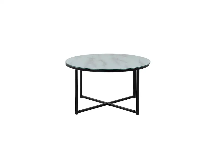 Table basse ronde à plateau en verre aspect marbre, vue d'ensemble