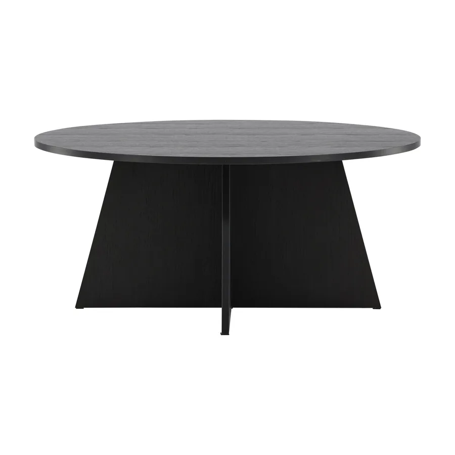 Table basse ronde Bootcut noire sur pied en panneaux croisés, vue de face sur fond blanc