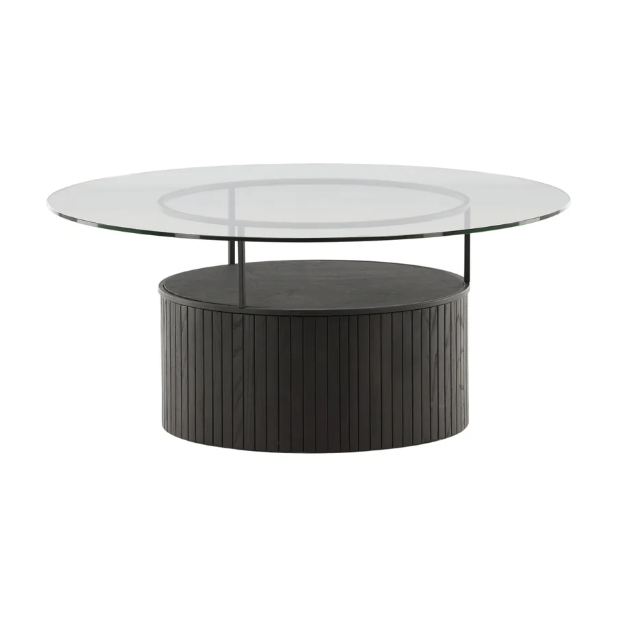 Table basse ronde Bovall, plateau en verre transparent sur socle cylindrique noir cannelé, vue de face