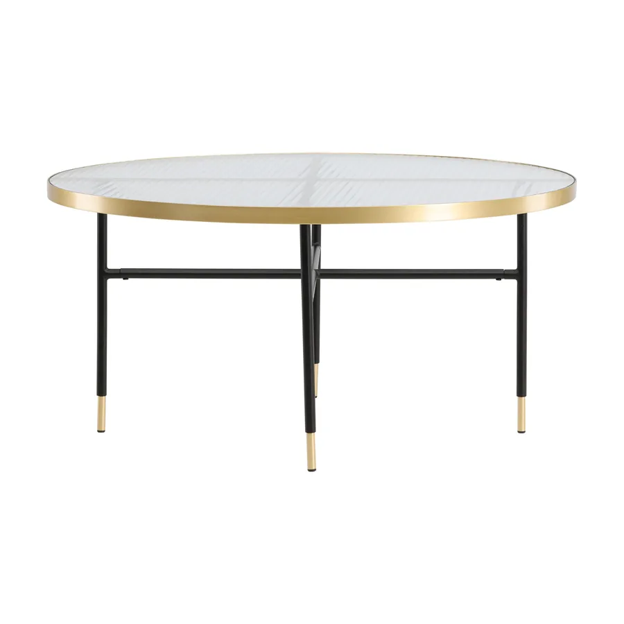 Table basse ronde Bubbles, plateau en verre pressé cerclé de laiton sur pieds noirs à embouts dorés, vue de face