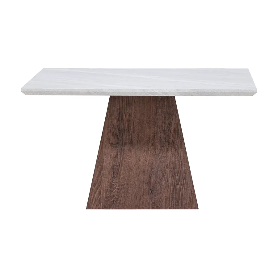 Table basse carrée Cael, plateau effet pierre gris clair sur pied central pyramidal couleur moka, vue de face