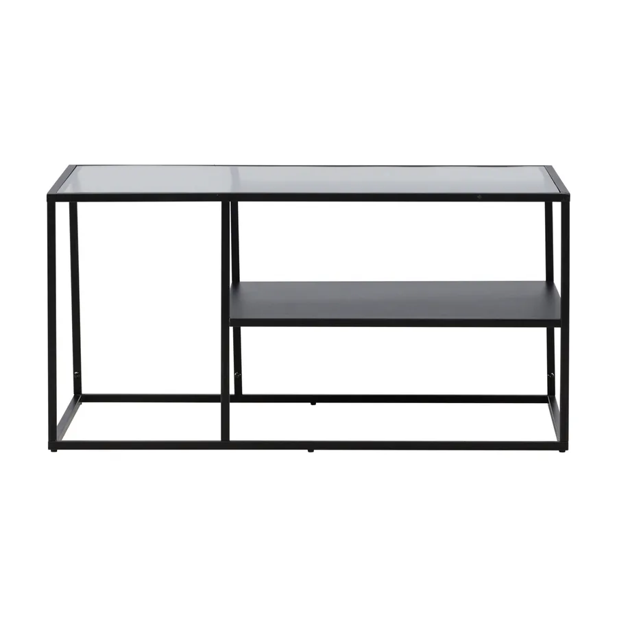 Table basse Campinas, structure en métal noir avec plateau et tablette en verre, vue de face