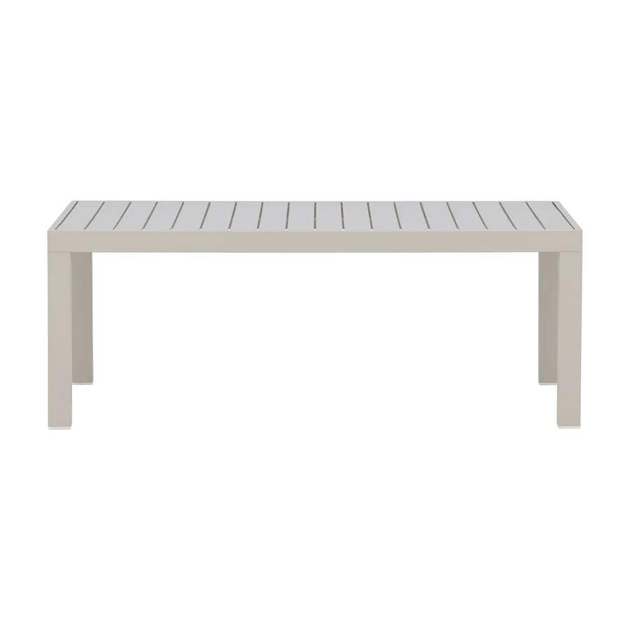 Table basse d'extérieur Copacabana beige en aluminium, plateau à lattes, vue de face