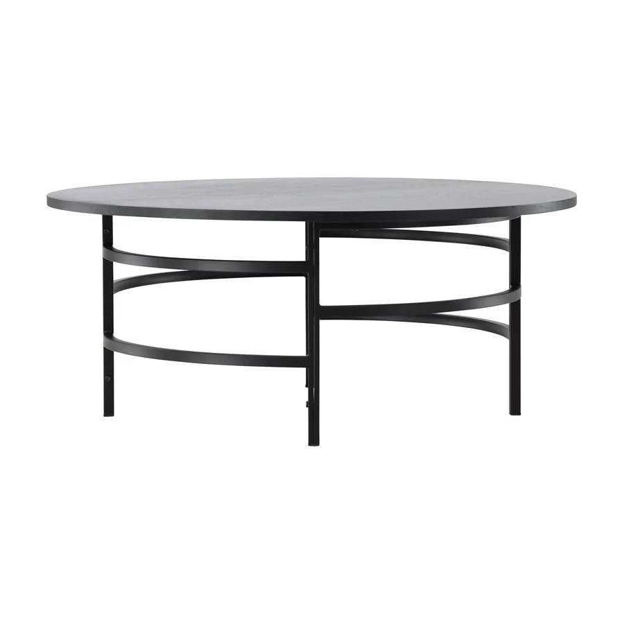 Table basse ronde Copenhagen noire sur piètement métal noir à double anneau, vue de face