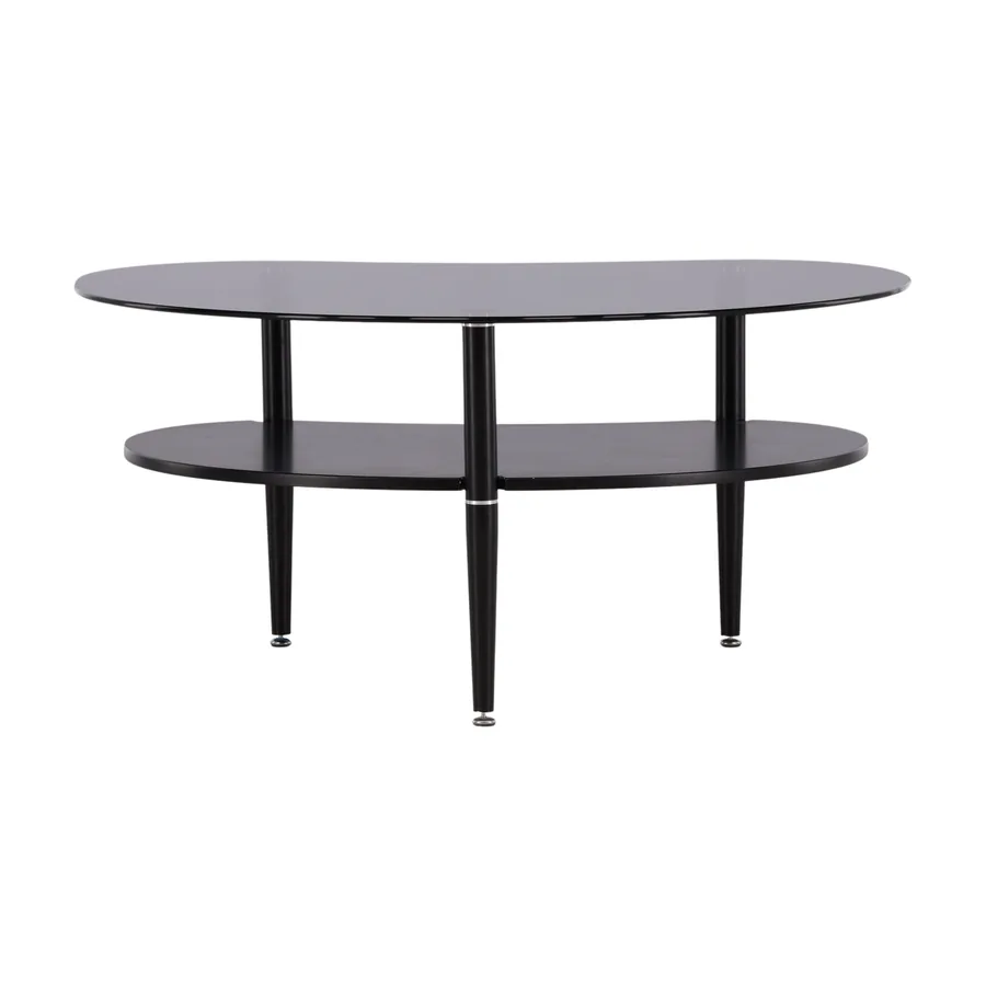 Table basse Egg en verre fumé gris à deux plateaux ovoïdes sur pieds noirs, vue de face