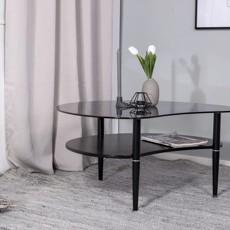 Table basse Egg en verre fumé gris à deux plateaux ovoïdes sur pieds noirs, vue de face