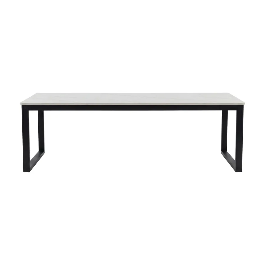 Table basse Estelle en pierre frittée effet marbre blanc sur piètement luge noir, vue de face