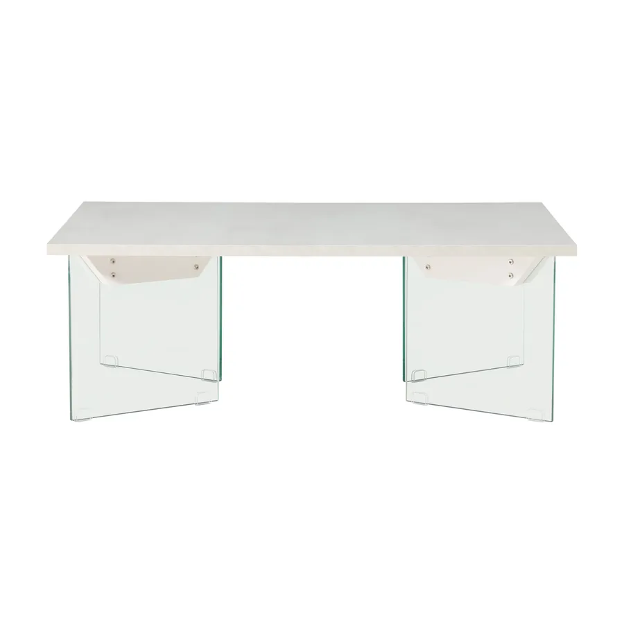 Table basse Ester, plateau effet béton blanc sur deux pieds en verre, vue de face