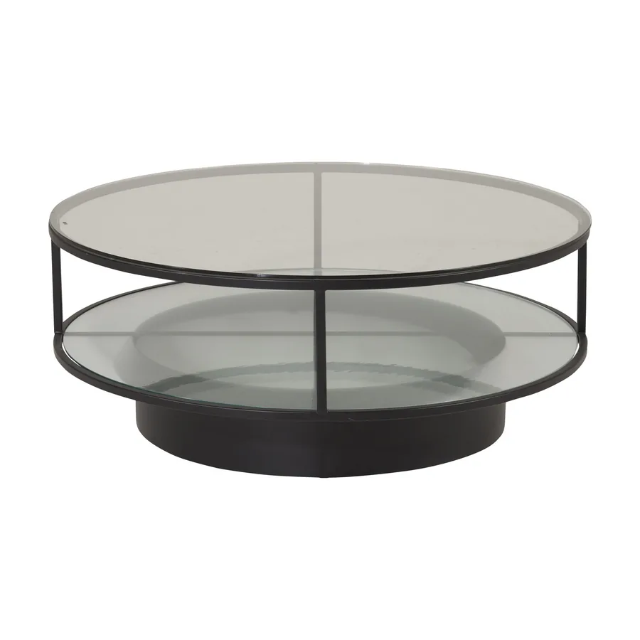 Table basse ronde Falsterbo, plateau et tablette en verre sur structure et socle noirs, vue de face