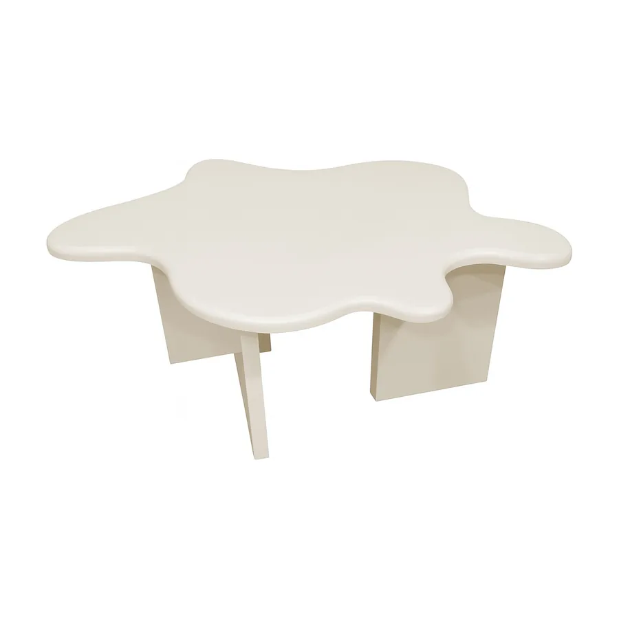 Table basse Flower beige, plateau en forme de fleur sur pieds en panneaux arrondis, vue de trois quarts