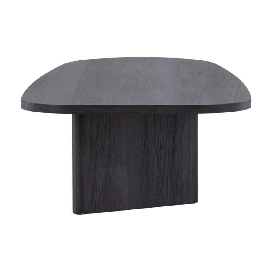 Table basse Grönvik noire, plateau aux bords galbés sur pieds en panneaux pleins, vue de trois quarts