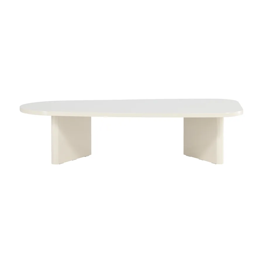 Table basse Grönvik beige brillant, plateau fin sur pieds en planches, vue de face