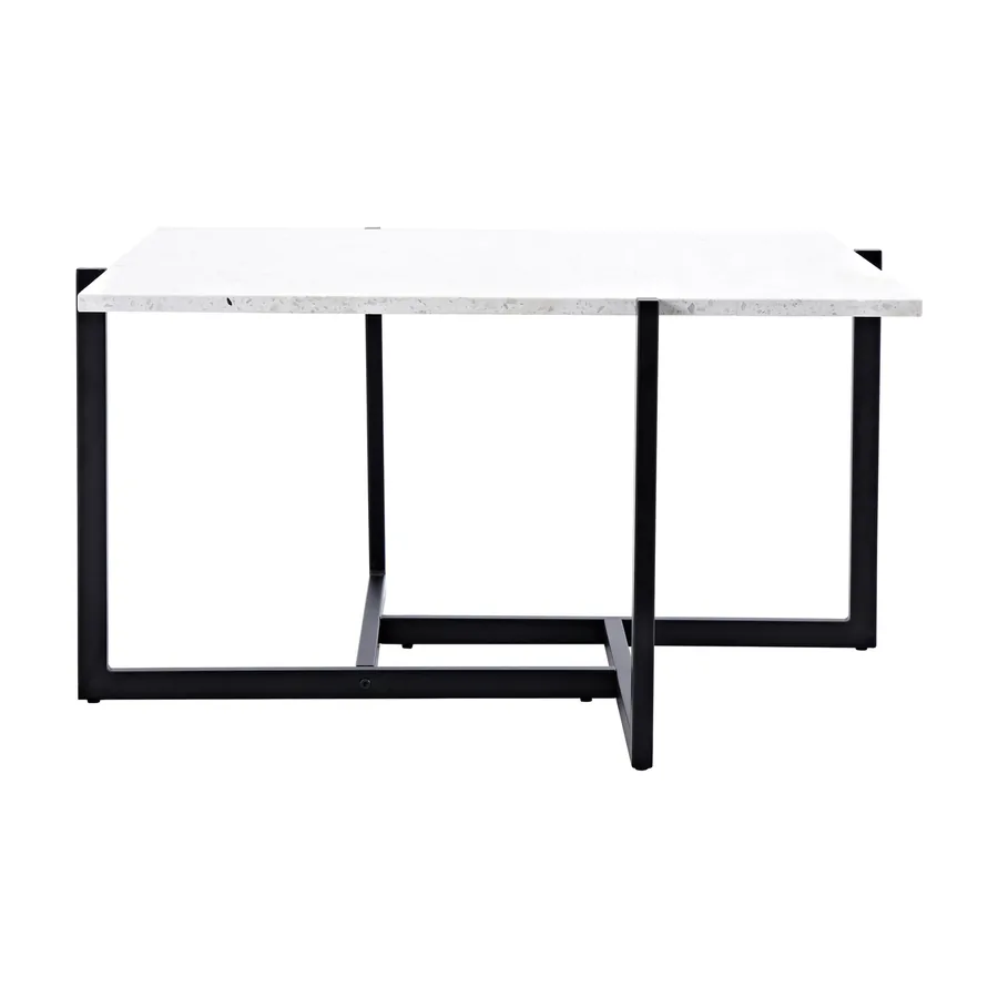 Table basse carrée Hybrid en terrazzo blanc sur piètement noir à barres croisées, vue entière sur fond blanc