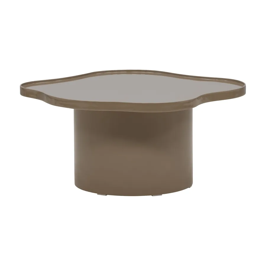 Table basse Ilse marron brillant, plateau en forme de fleur sur pied cylindrique, vue de face