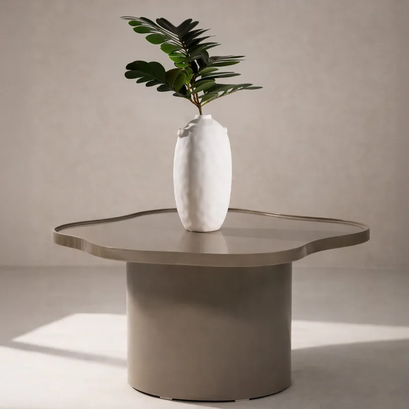Table basse Ilse marron brillant, plateau en forme de fleur sur pied cylindrique, vue de face