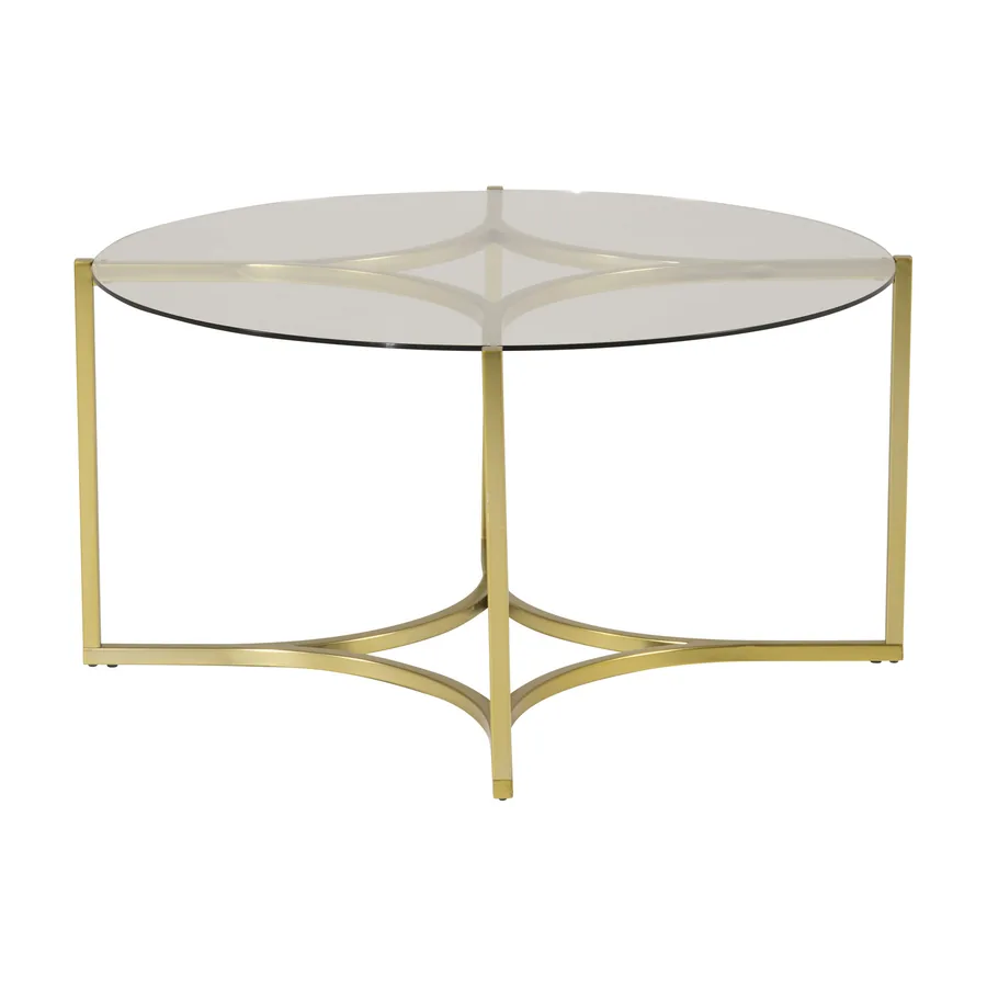 Table basse ronde Kivik, plateau en verre sur piètement en laiton brossé, vue de face