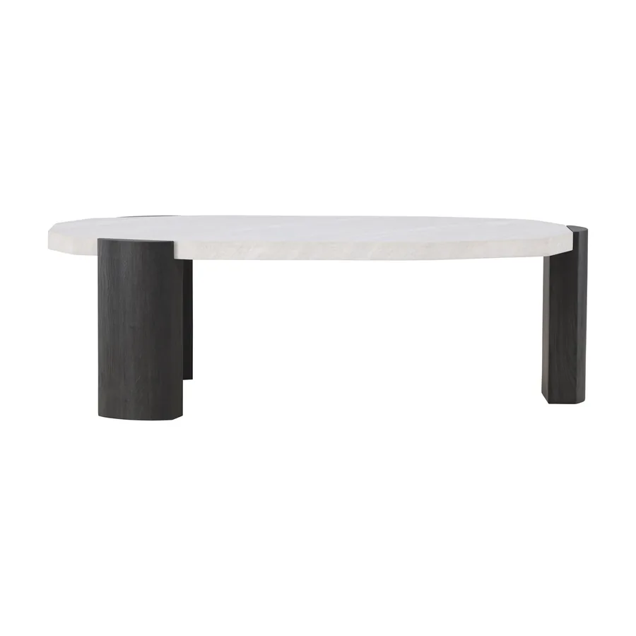 Table basse Kres, plateau effet pierre clair aux bords arrondis sur pieds noirs demi-cylindres, vue de face