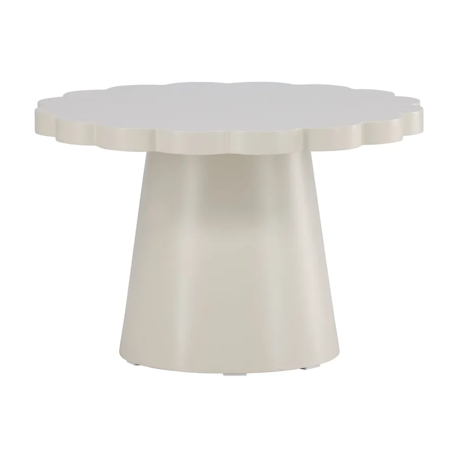 Table basse ronde Krull beige au bord festonné sur pied conique, vue de face