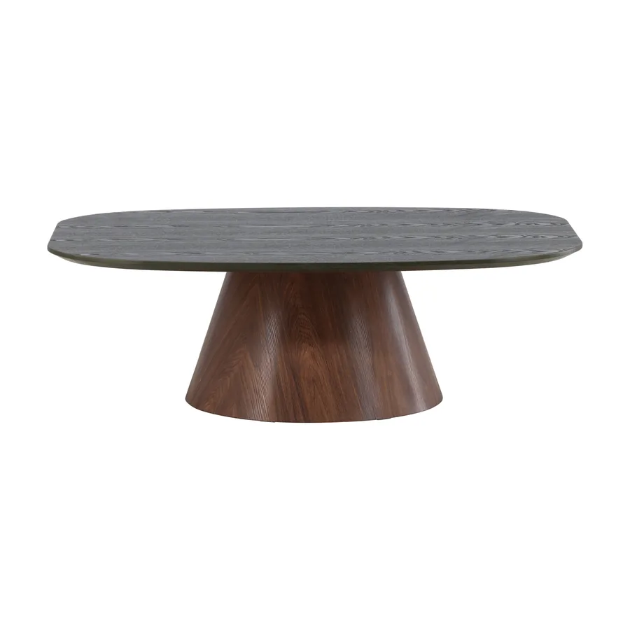 Table basse Lanzo, plateau vert foncé aux bords arrondis sur pied conique couleur moka, vue de face