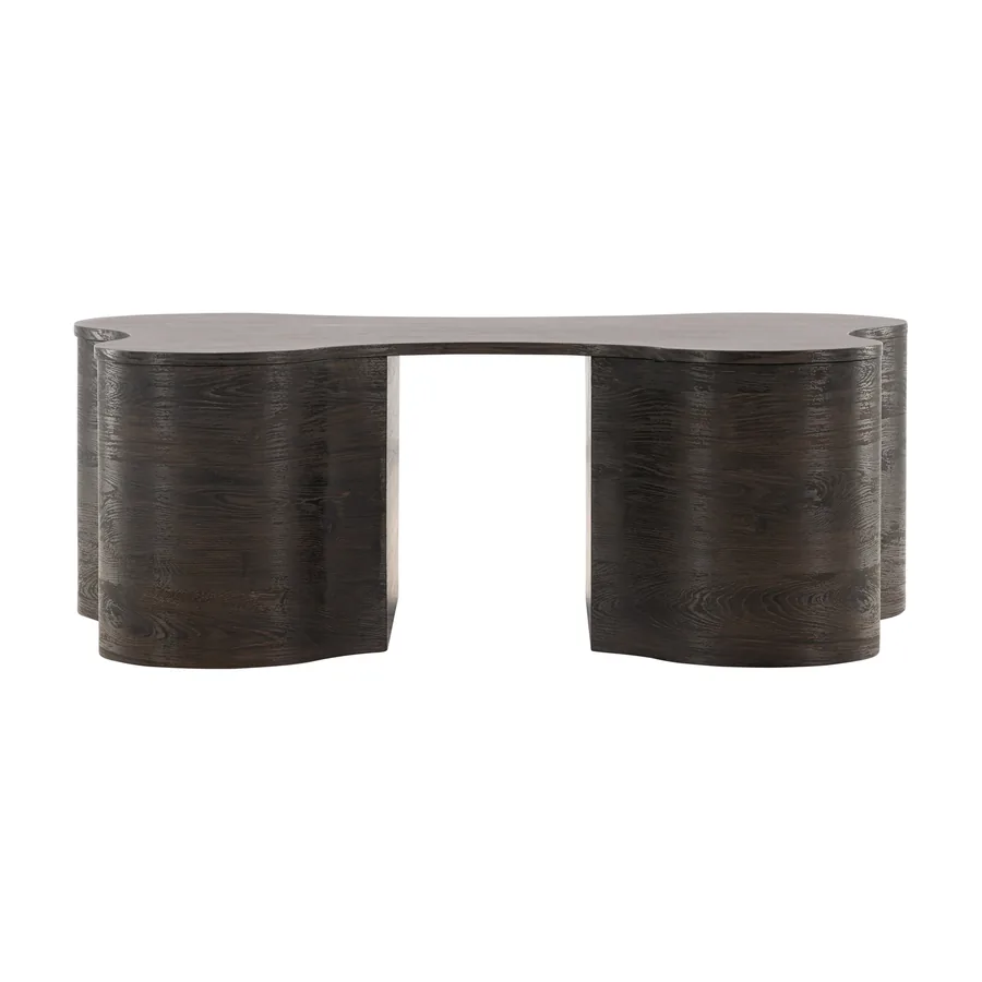 Table basse Larvik plaqué bois moka, plateau à lobes sur pieds cannelés arrondis, vue de face