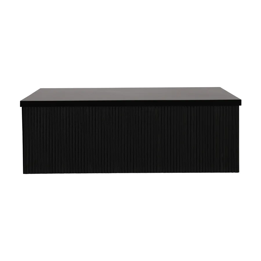 Table basse carrée Lenox noire, caisson rainuré sous un plateau lisse, vue de face