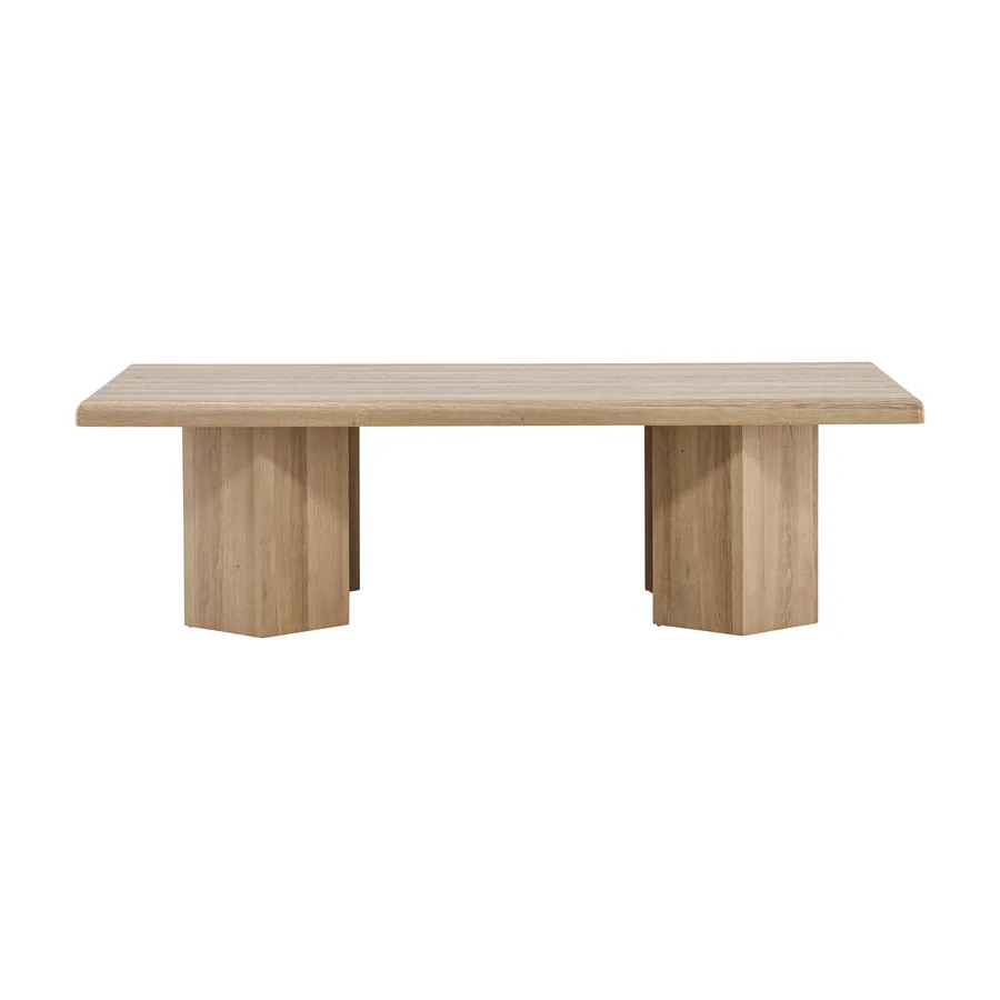 Table basse Lillehammer plaqué bois naturel sur pieds en doubles panneaux, vue de face