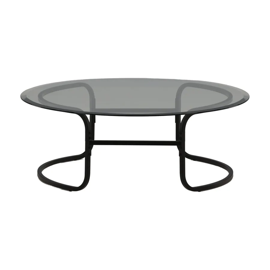 Table basse ronde Lomma, plateau en verre sur piètement en tube noir en boucles, vue de face