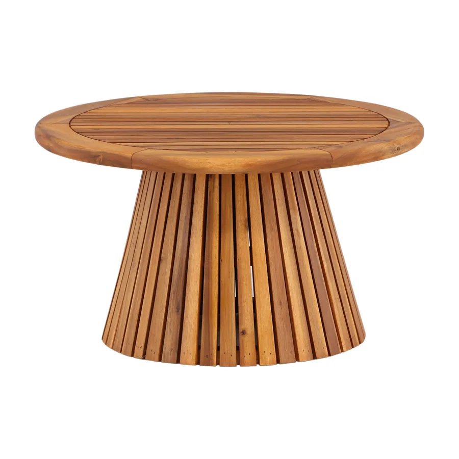 Table basse d'extérieur ronde Lumpur en acacia sur pied conique à lattes, vue de face
