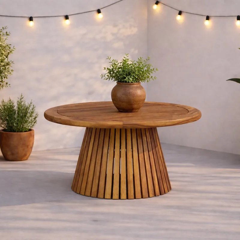 Table basse d'extérieur ronde Lumpur en acacia sur pied conique à lattes, vue de face