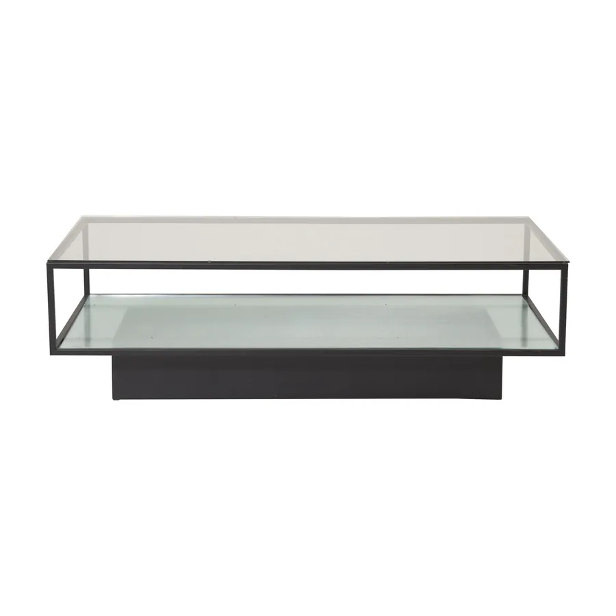 Table basse Maglehem, plateau et tablette en verre dans un cadre noir, vue de face